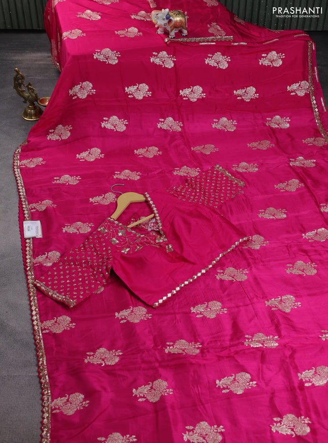 Banarasi silk saree pink with floral zari woven buttas and beaded work border