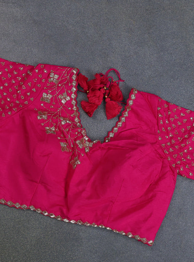 Banarasi silk saree pink with floral zari woven buttas and beaded work border