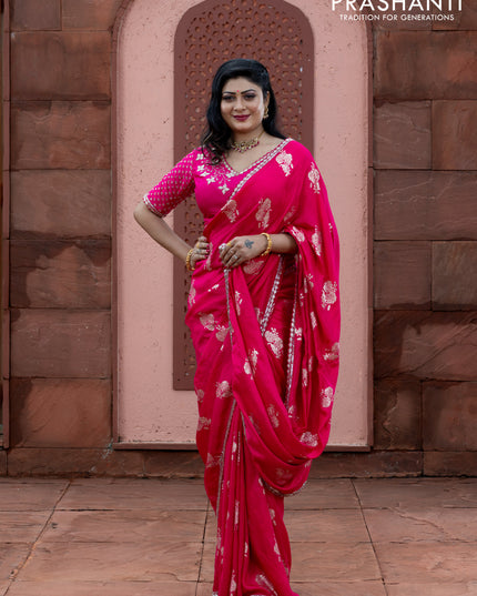 Banarasi silk saree pink with floral zari woven buttas and beaded work border