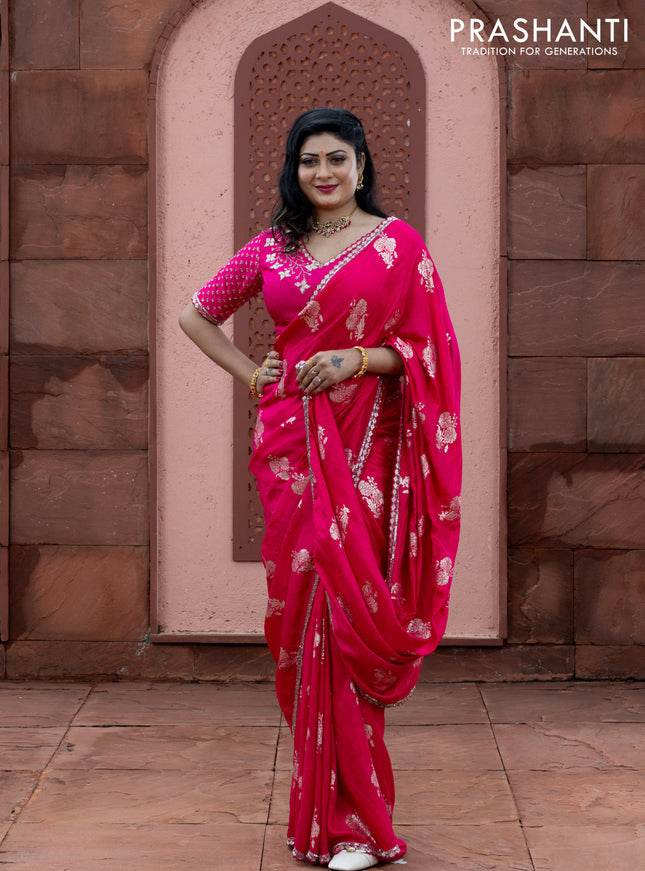 Banarasi silk saree pink with floral zari woven buttas and beaded work border