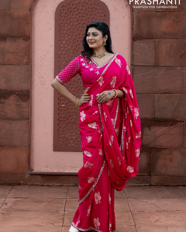 Banarasi silk saree pink with floral zari woven buttas and beaded work border