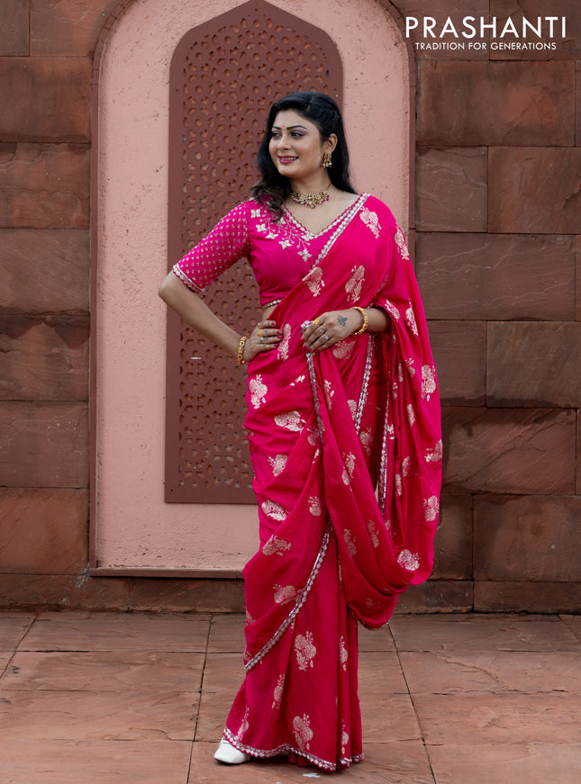 Banarasi silk saree pink with floral zari woven buttas and beaded work border