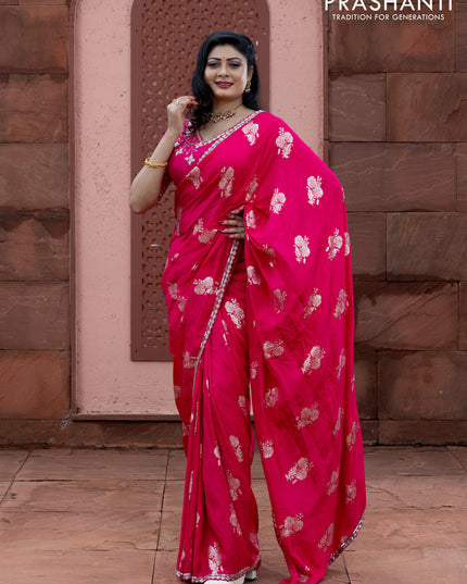 Banarasi silk saree pink with floral zari woven buttas and beaded work border