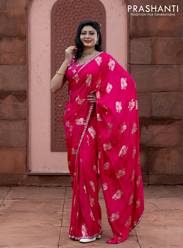 Banarasi silk saree pink with floral zari woven buttas and beaded work border