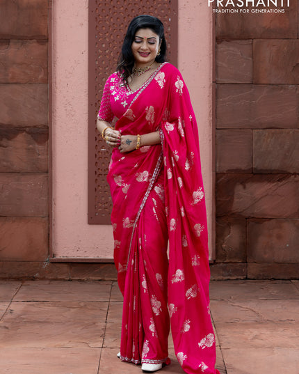 Banarasi silk saree pink with floral zari woven buttas and beaded work border