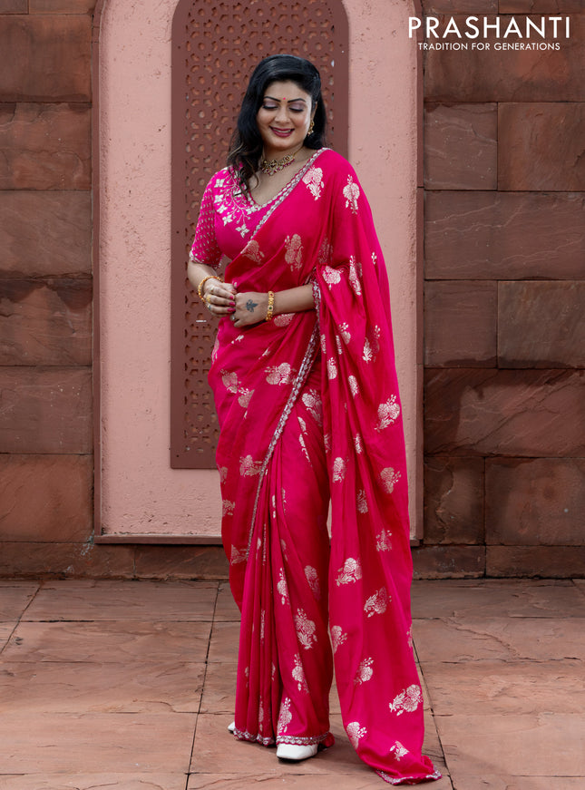 Banarasi silk saree pink with floral zari woven buttas and beaded work border