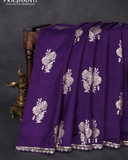 Banarasi silk saree violet with floral zari woven buttas and beaded work border