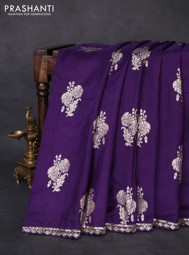 Banarasi silk saree violet with floral zari woven buttas and beaded work border