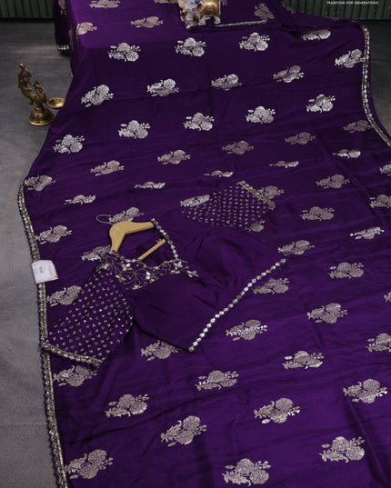 Banarasi silk saree violet with floral zari woven buttas and beaded work border