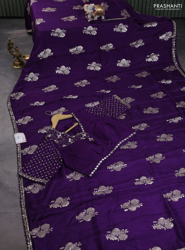 Banarasi silk saree violet with floral zari woven buttas and beaded work border