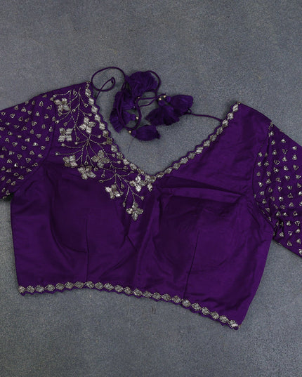 Banarasi silk saree violet with floral zari woven buttas and beaded work border