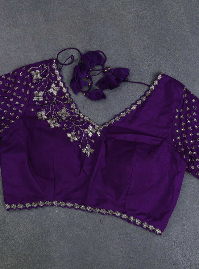 Banarasi silk saree violet with floral zari woven buttas and beaded work border