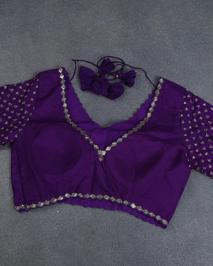 Banarasi silk saree violet with floral zari woven buttas and beaded work border