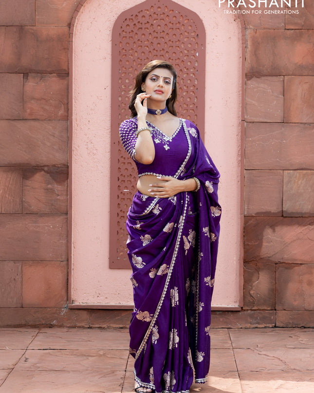 Banarasi silk saree violet with floral zari woven buttas and beaded work border
