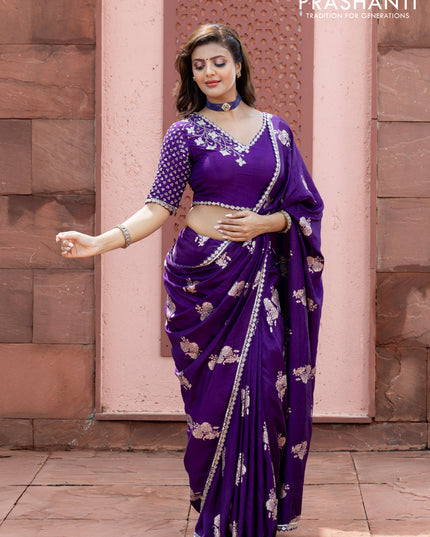 Banarasi silk saree violet with floral zari woven buttas and beaded work border