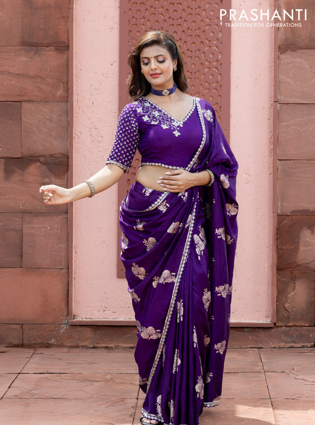 Banarasi silk saree violet with floral zari woven buttas and beaded work border