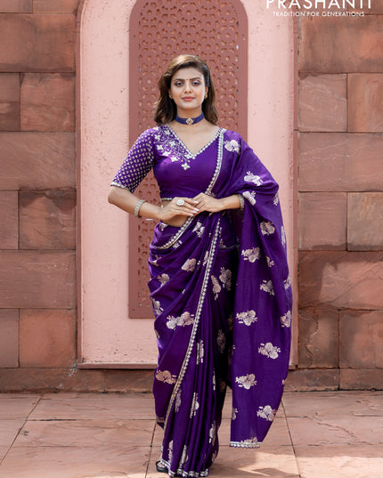 Banarasi silk saree violet with floral zari woven buttas and beaded work border