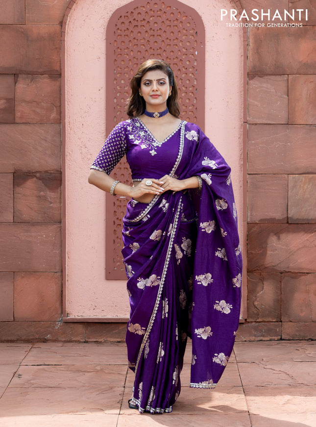 Banarasi silk saree violet with floral zari woven buttas and beaded work border
