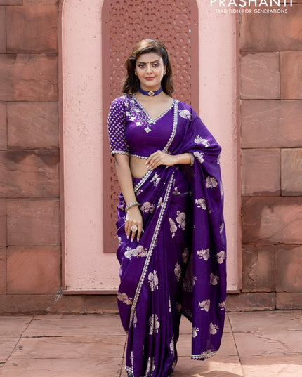 Banarasi silk saree violet with floral zari woven buttas and beaded work border