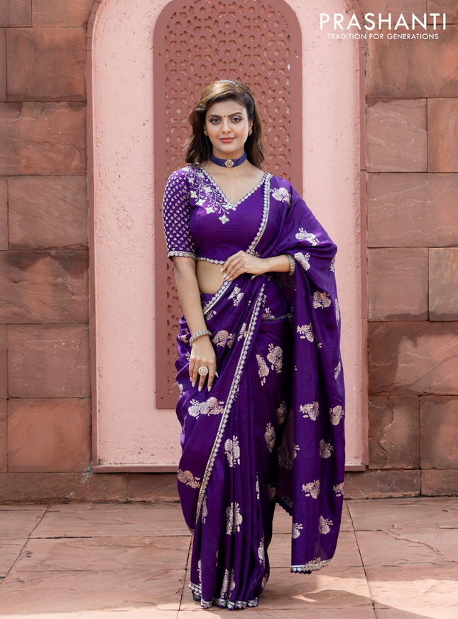 Banarasi silk saree violet with floral zari woven buttas and beaded work border