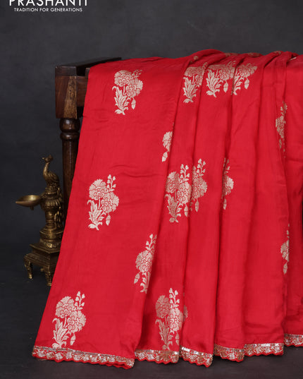 Banarasi silk saree red with floral zari woven buttas and beaded work border
