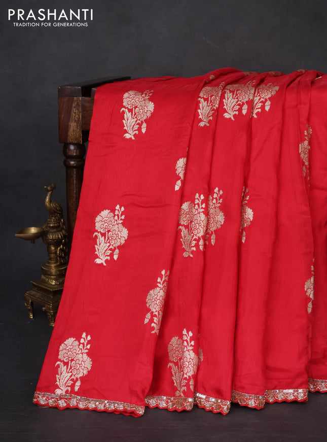 Banarasi silk saree red with floral zari woven buttas and beaded work border