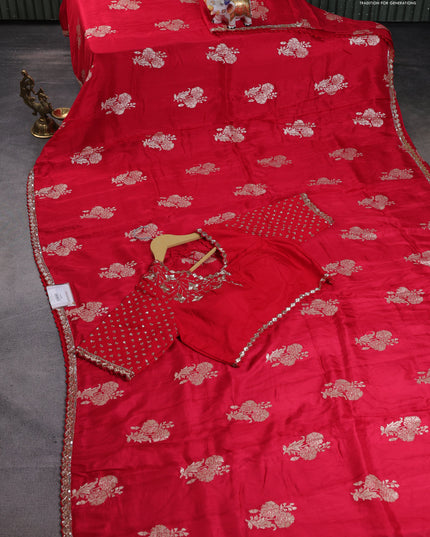 Banarasi silk saree red with floral zari woven buttas and beaded work border