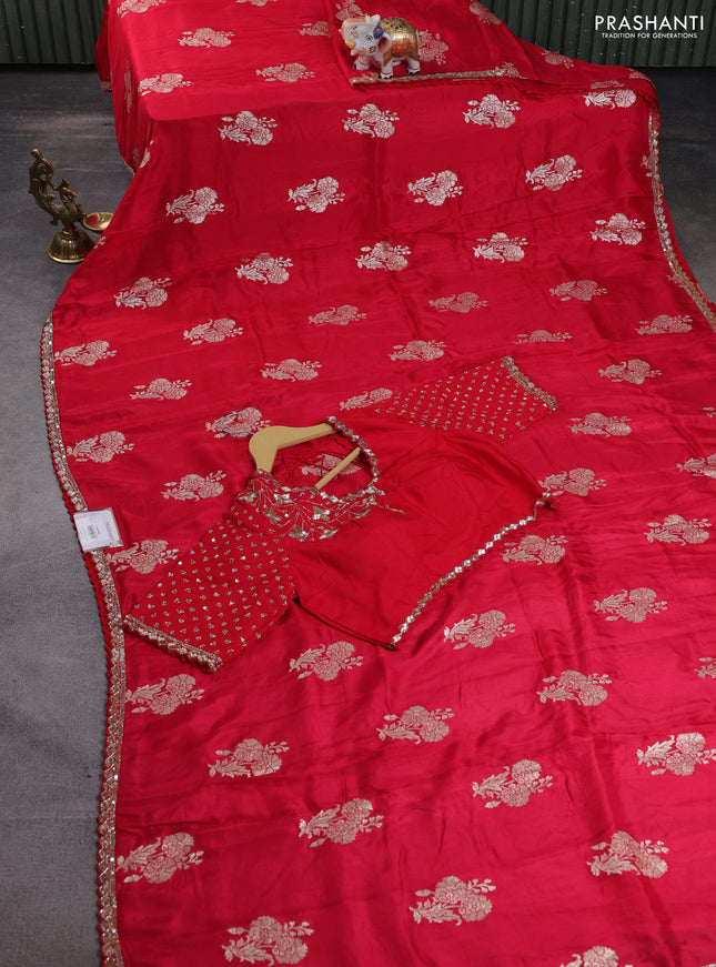 Banarasi silk saree red with floral zari woven buttas and beaded work border