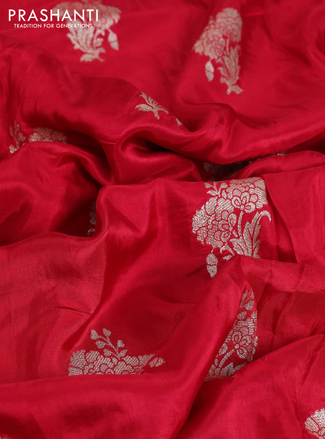 Banarasi silk saree red with floral zari woven buttas and beaded work border