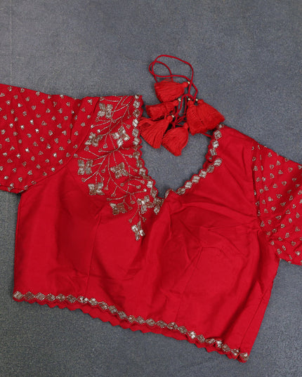 Banarasi silk saree red with floral zari woven buttas and beaded work border