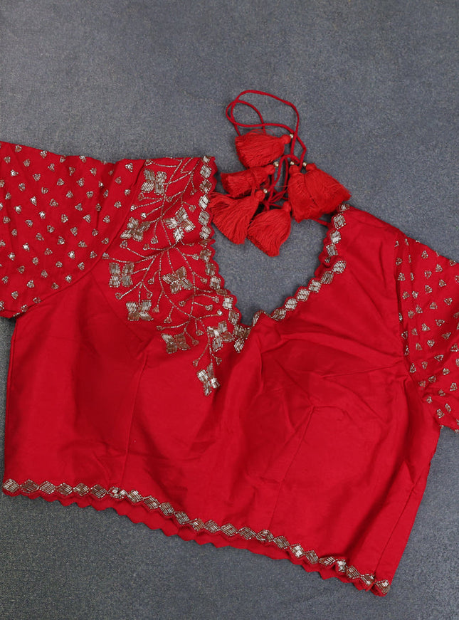 Banarasi silk saree red with floral zari woven buttas and beaded work border