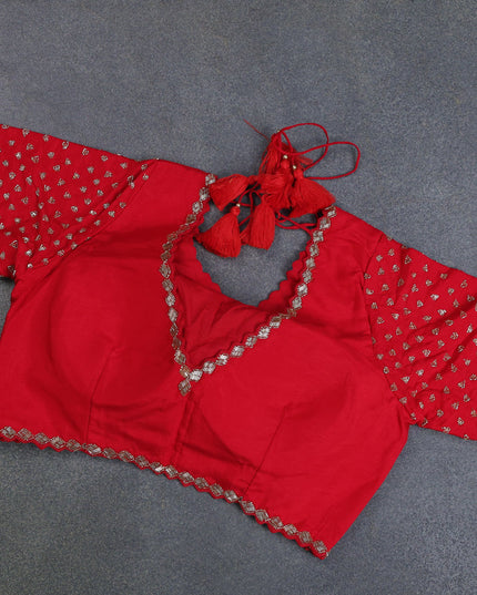 Banarasi silk saree red with floral zari woven buttas and beaded work border