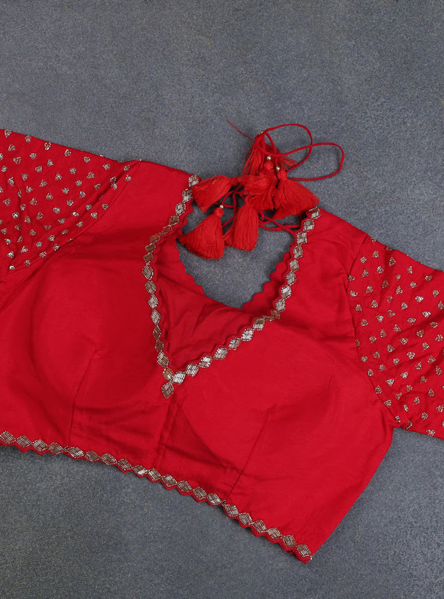 Banarasi silk saree red with floral zari woven buttas and beaded work border