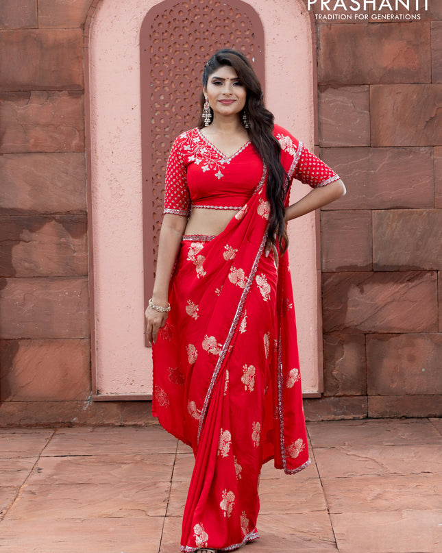 Banarasi silk saree red with floral zari woven buttas and beaded work border