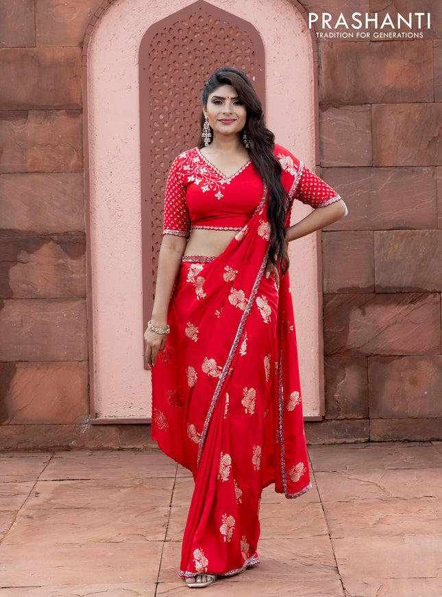 Banarasi silk saree red with floral zari woven buttas and beaded work border