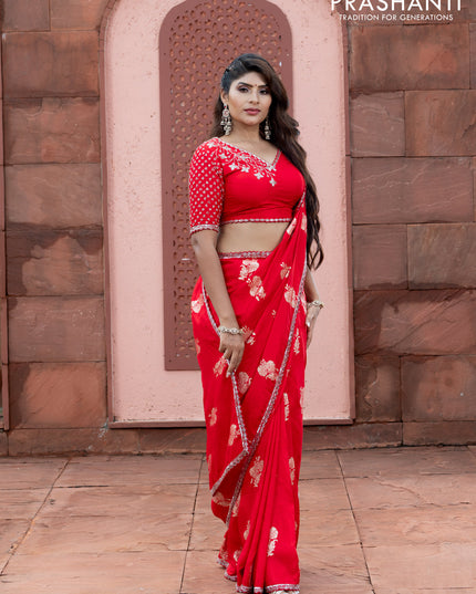 Banarasi silk saree red with floral zari woven buttas and beaded work border
