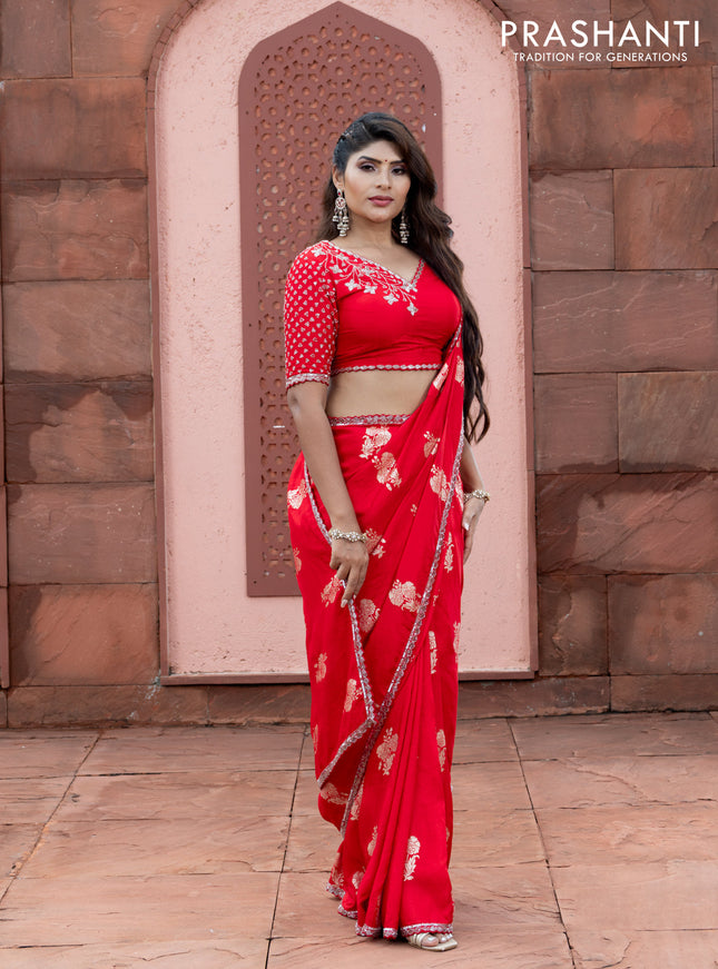 Banarasi silk saree red with floral zari woven buttas and beaded work border