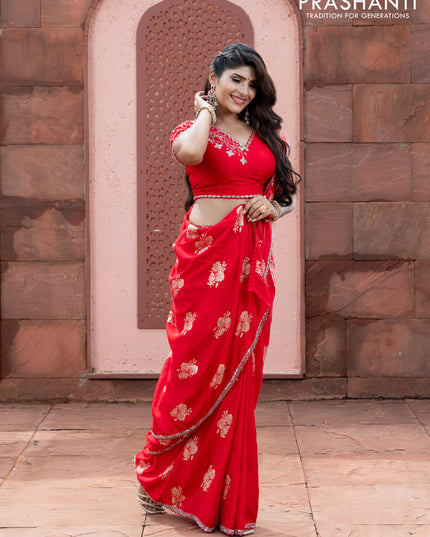 Banarasi silk saree red with floral zari woven buttas and beaded work border