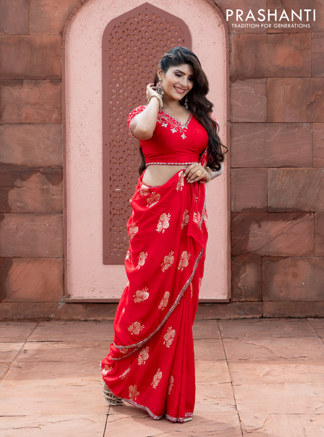 Banarasi silk saree red with floral zari woven buttas and beaded work border