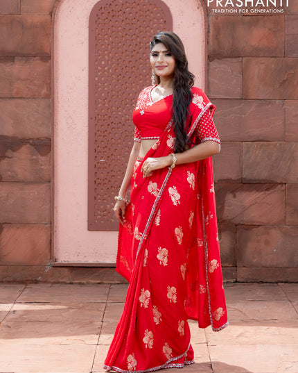 Banarasi silk saree red with floral zari woven buttas and beaded work border