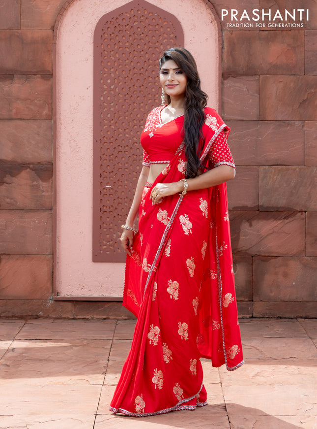 Banarasi silk saree red with floral zari woven buttas and beaded work border