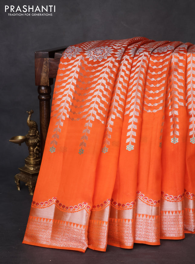 Banarasi poona silk saree orange and pink with allover zari weaves and zari woven border