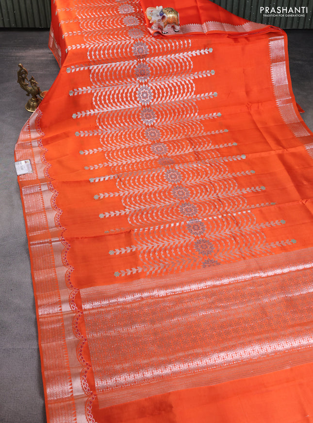 Banarasi poona silk saree orange and pink with allover zari weaves and zari woven border