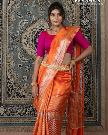 Banarasi poona silk saree orange and pink with allover zari weaves and zari woven border