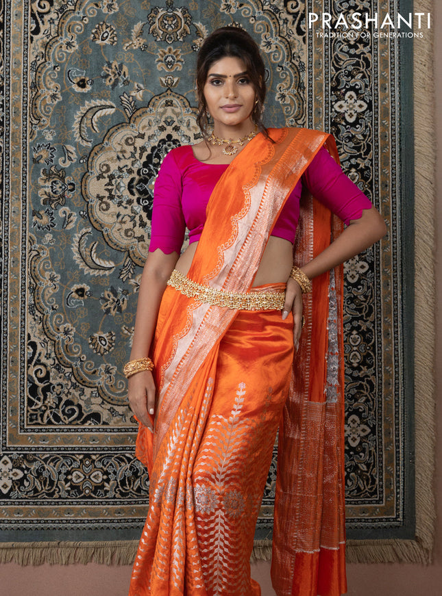 Banarasi poona silk saree orange and pink with allover zari weaves and zari woven border