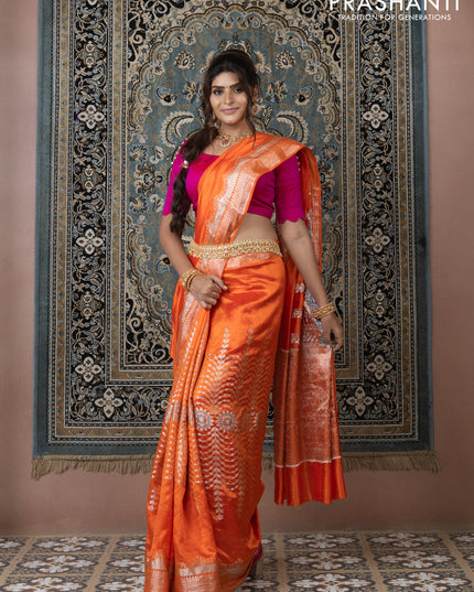 Banarasi poona silk saree orange and pink with allover zari weaves and zari woven border
