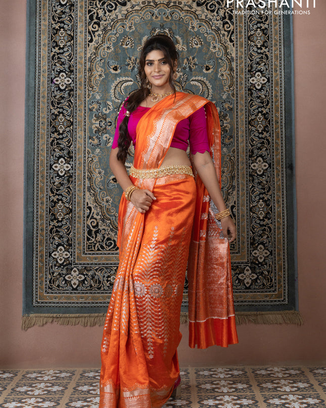 Banarasi poona silk saree orange and pink with allover zari weaves and zari woven border