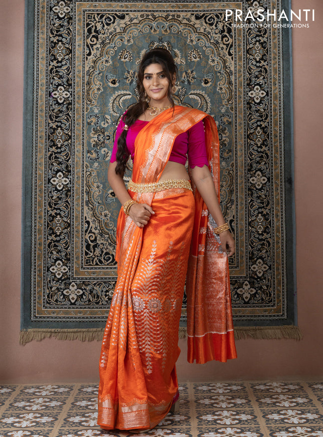 Banarasi poona silk saree orange and pink with allover zari weaves and zari woven border
