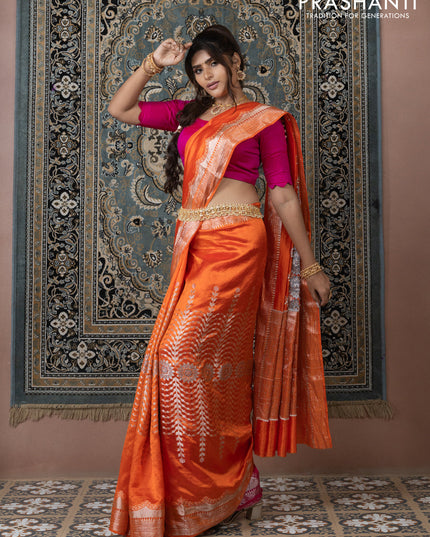 Banarasi poona silk saree orange and pink with allover zari weaves and zari woven border