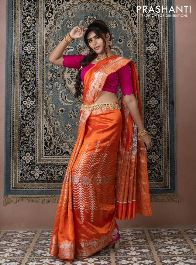 Banarasi poona silk saree orange and pink with allover zari weaves and zari woven border